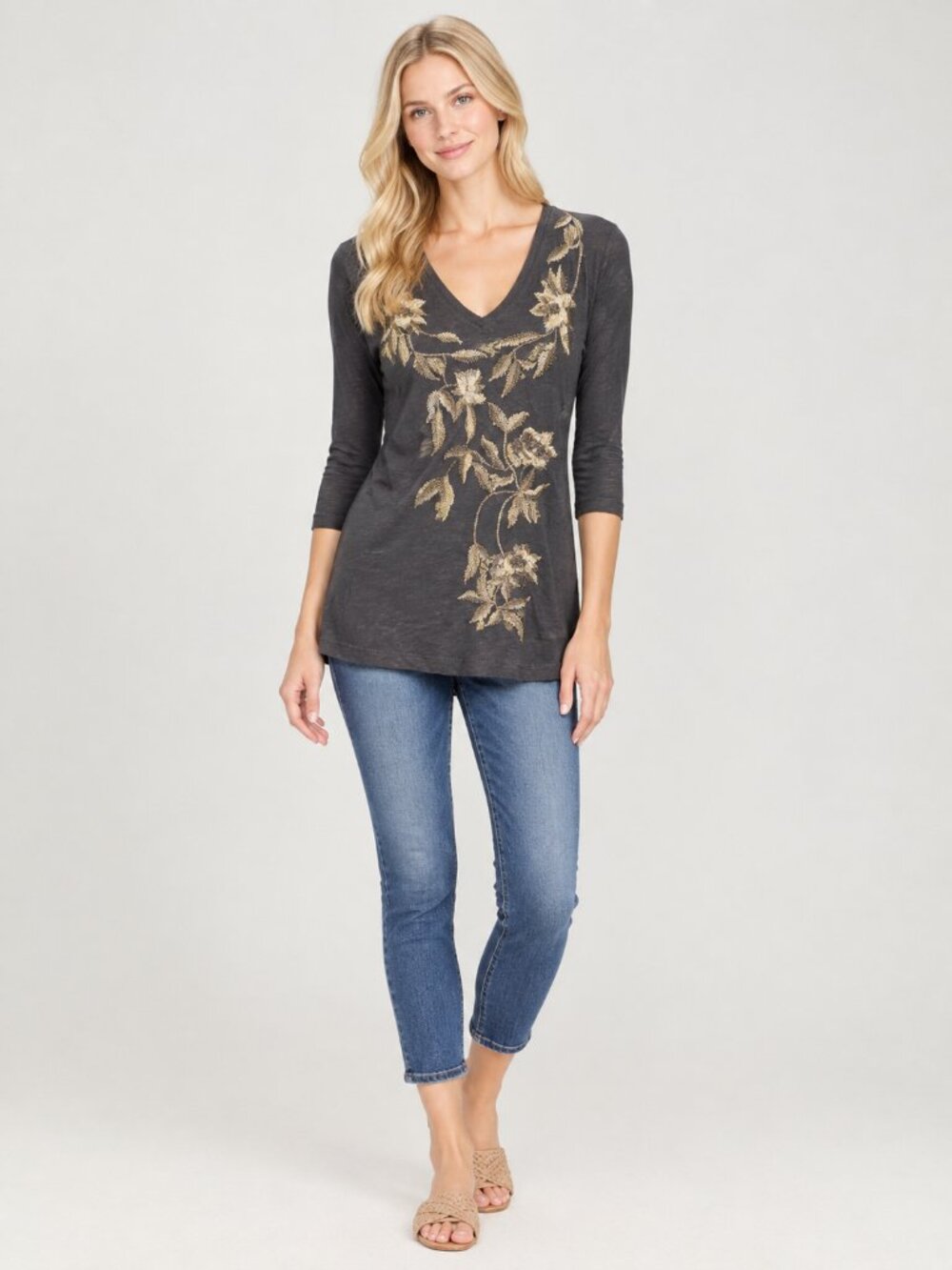 2/$30 Lucky Brand Metallic Floral Embroidered 3/4 Sleeve Top Gray Large #A4434